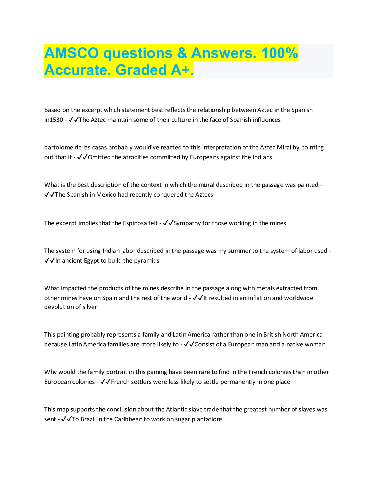 AMSCO questions & Answers. 100 Accurate. Graded A+. Browsegrades